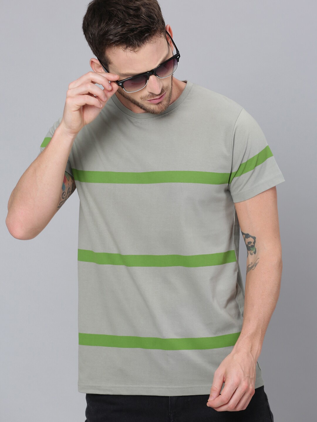 

DILLINGER Men Grey Striped Round Neck T-shirt