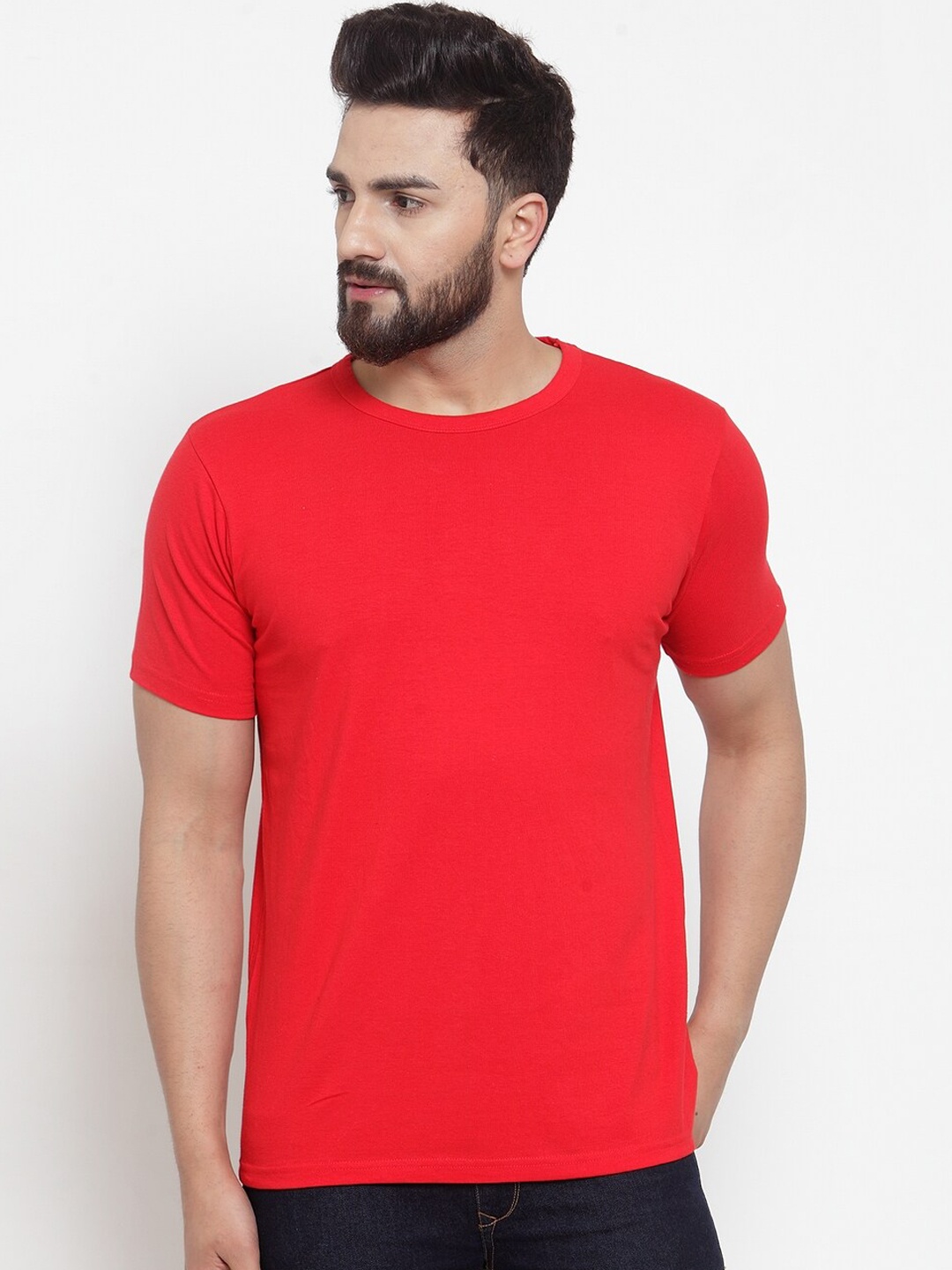 DOOR74 Men Red Solid Round Neck T-shirt