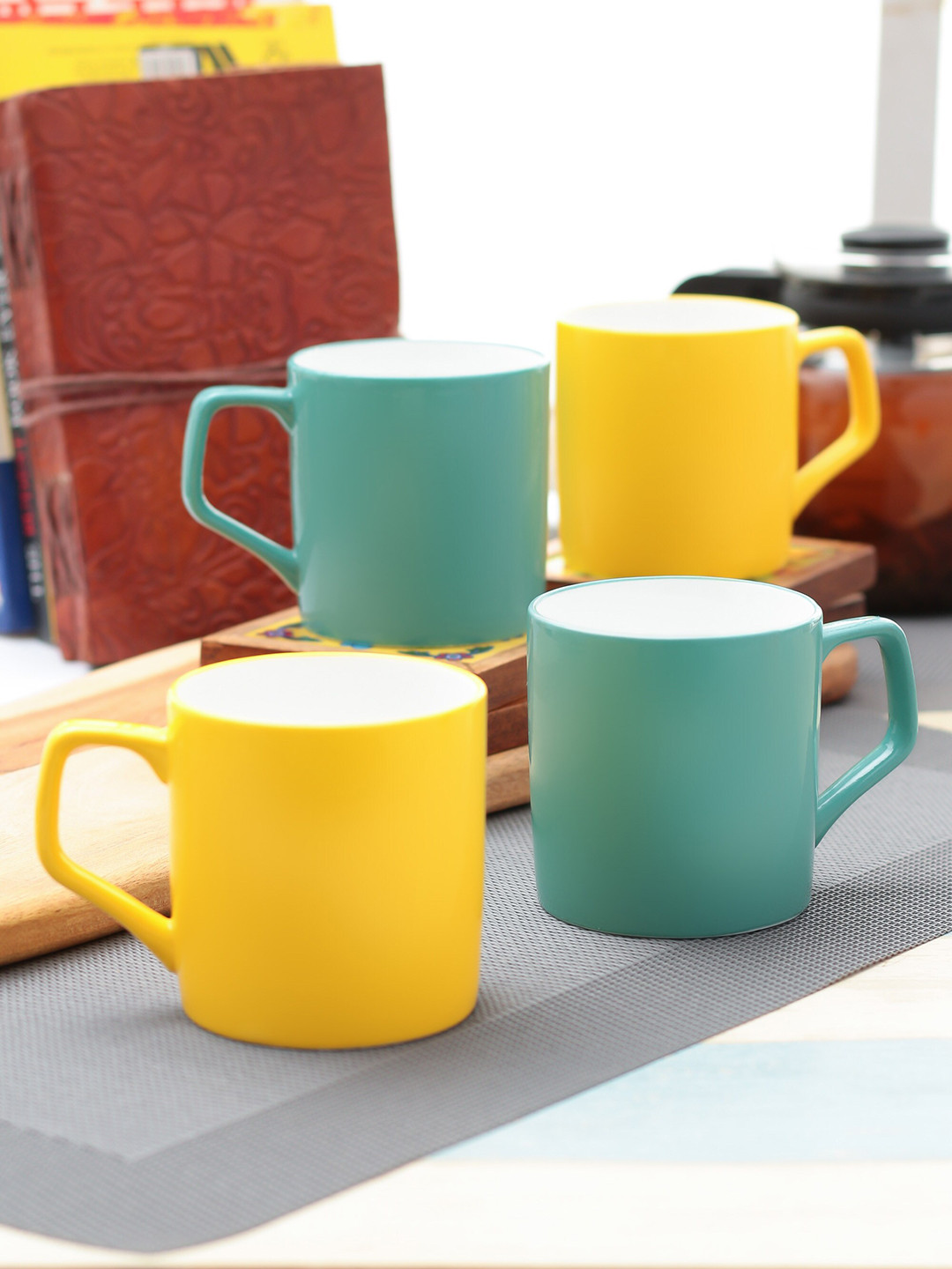 

CLAY CRAFT Green & Yellow 4Pcs Ceramic Mugs Set