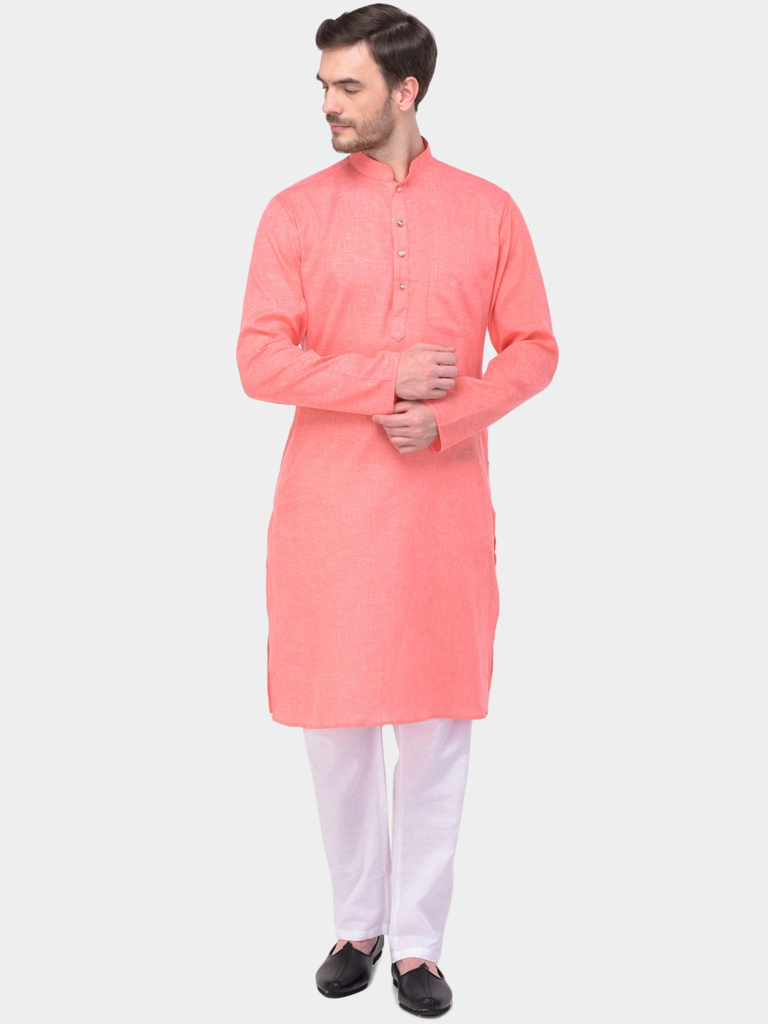 SG LEMAN Men Peach-Coloured & White Solid Kurta with Pyjamas