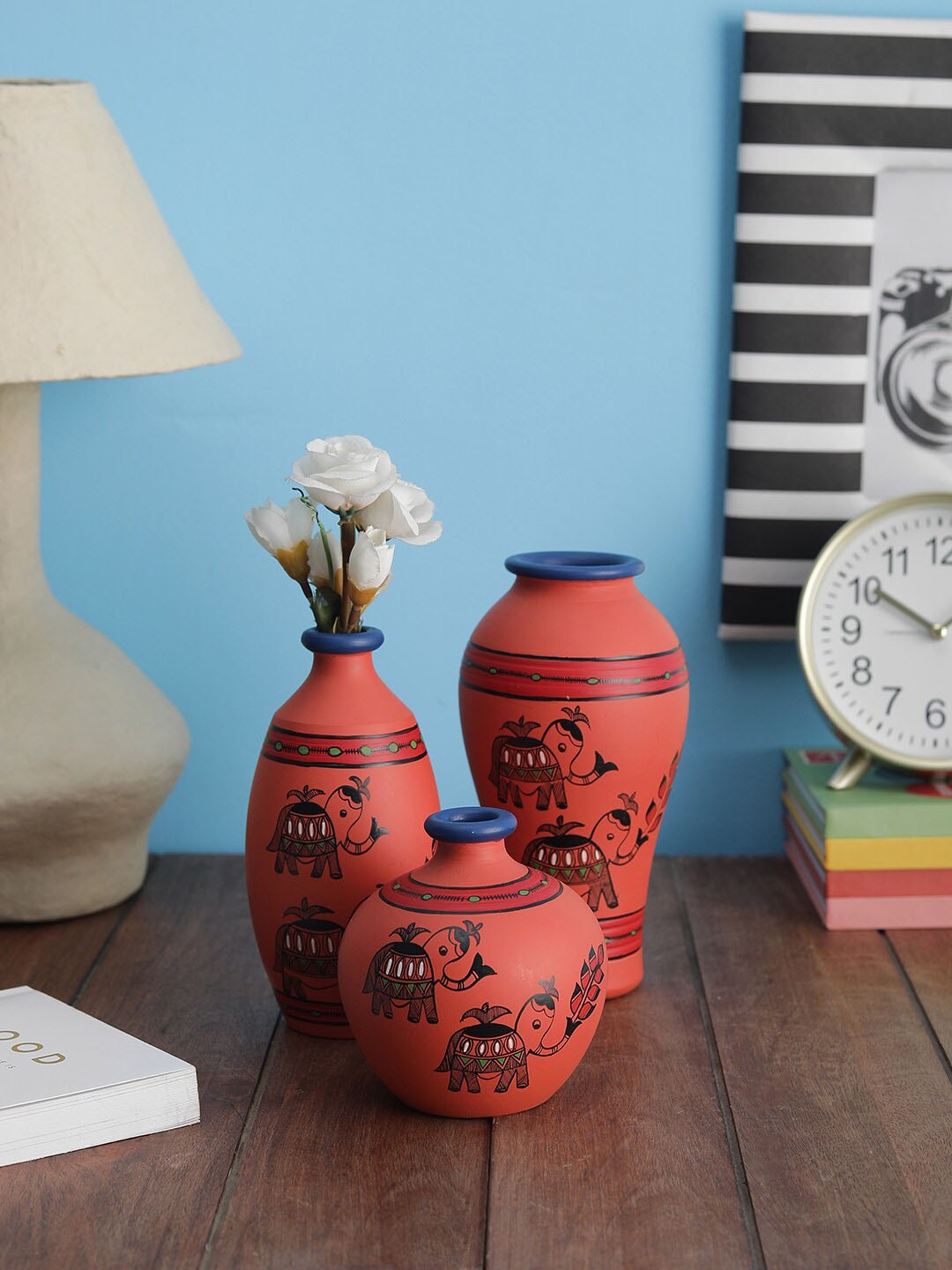 

VarEesha Set Of 3 Coral Pink & Blue Hand Painted Madhubani Terracotta Flower Vases