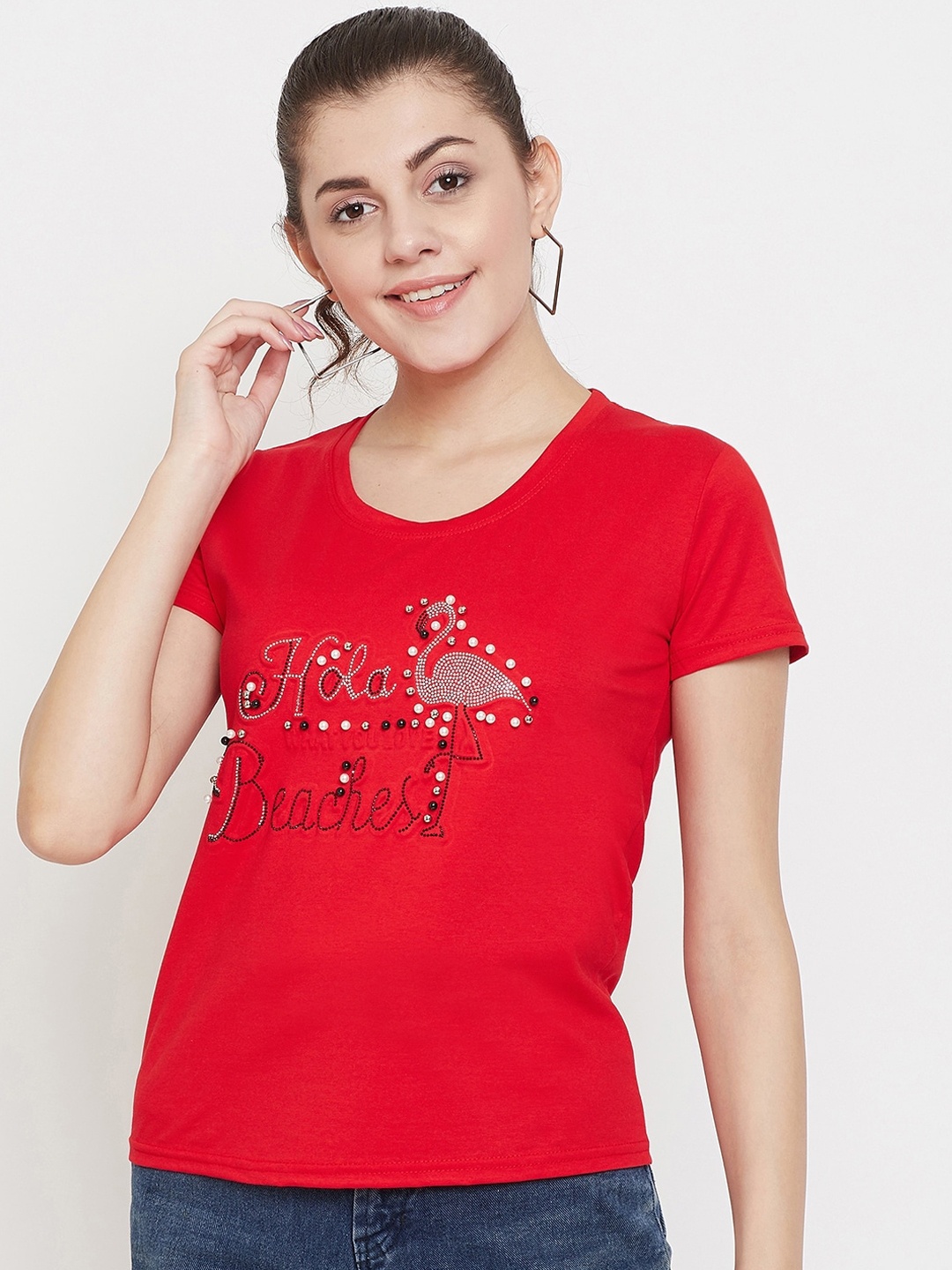 

Camey Women Red Printed Round Neck T-shirt