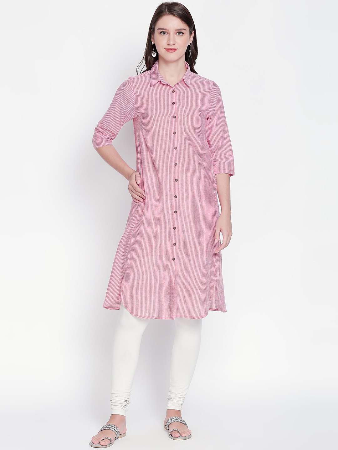 

RANGMANCH BY PANTALOONS Women Pink & White Striped Straight Kurta