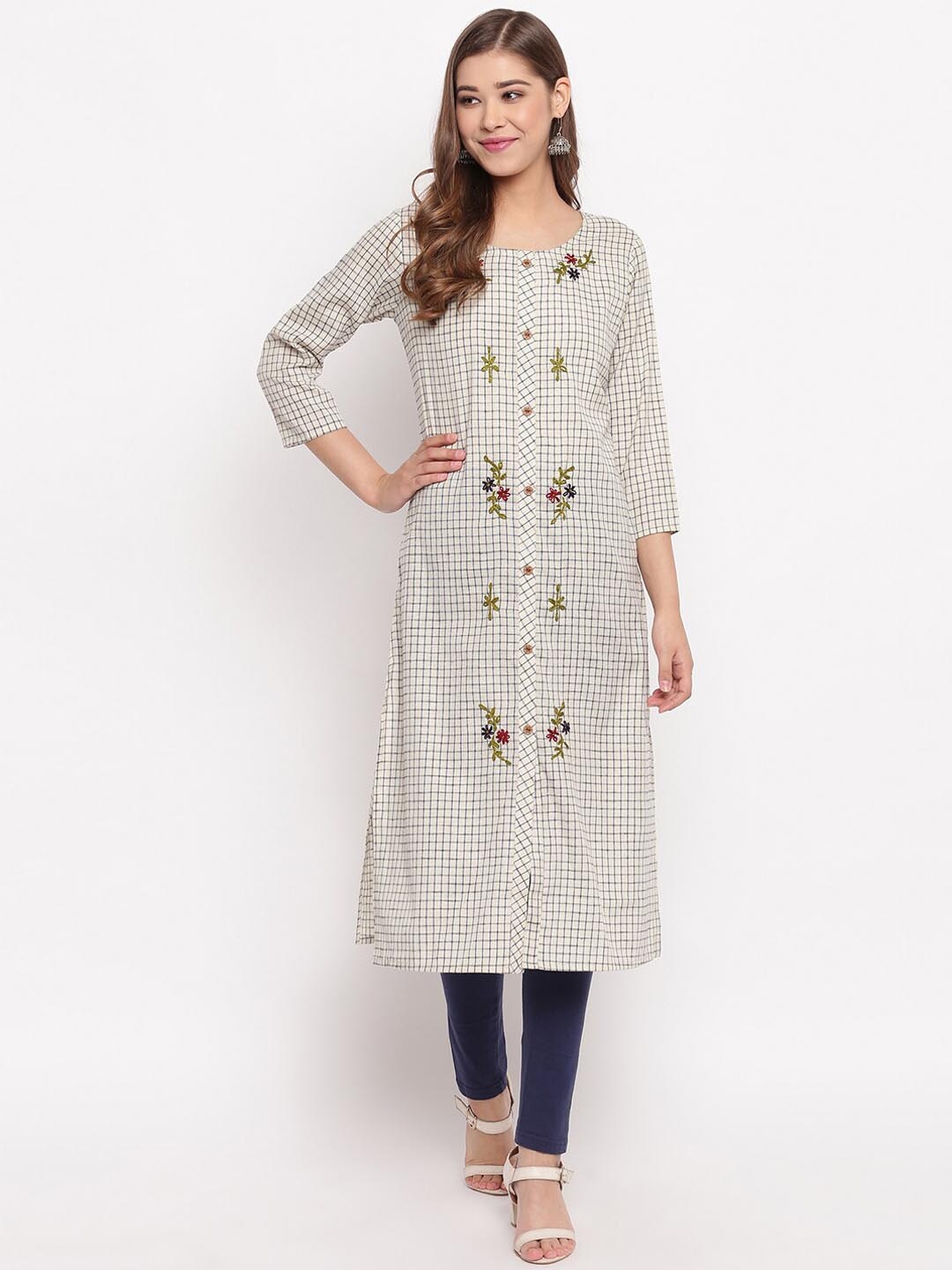 

Vbuyz Women Beige & Grey Checked A-Line Kurta