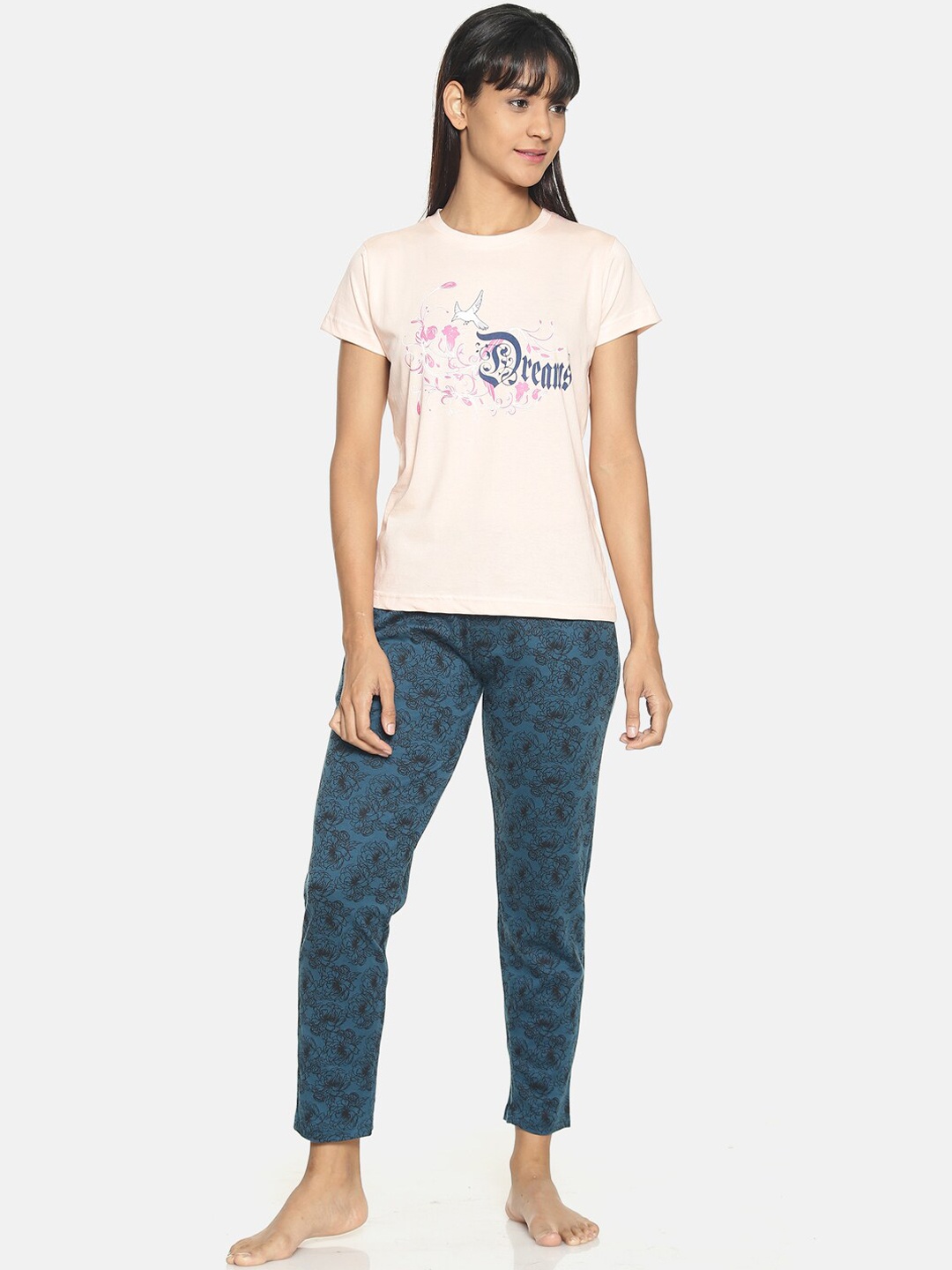 

Kryptic Women Pink & Teal Blue Printed Cotton Night suit