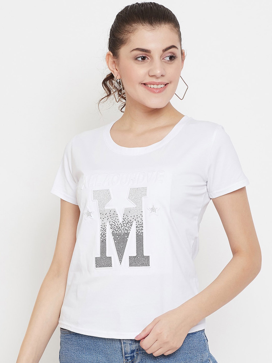 Camey Women White & Grey Embellished Round Neck T-shirt
