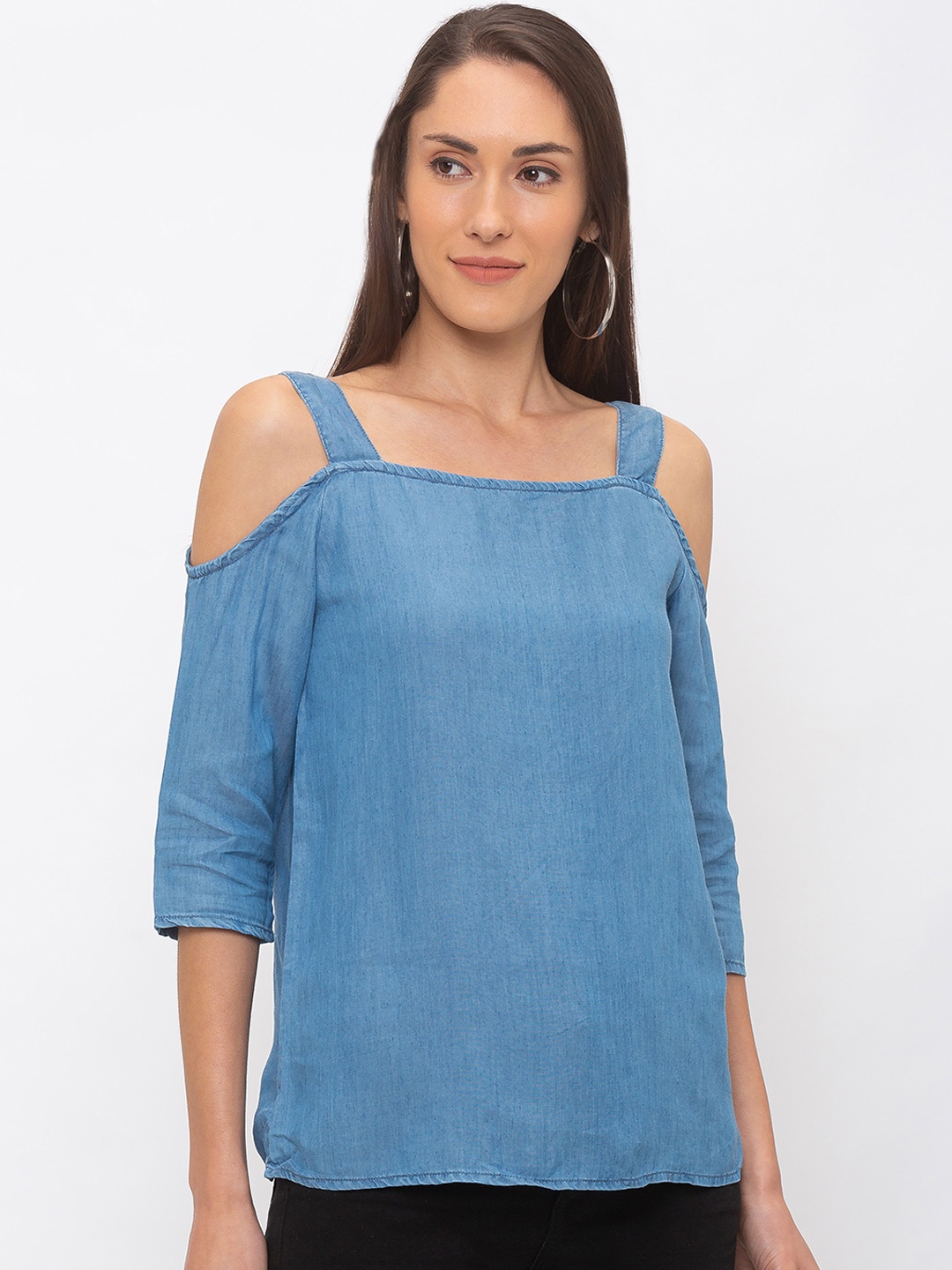 Globus Women Blue Solid Pure Cotton Top