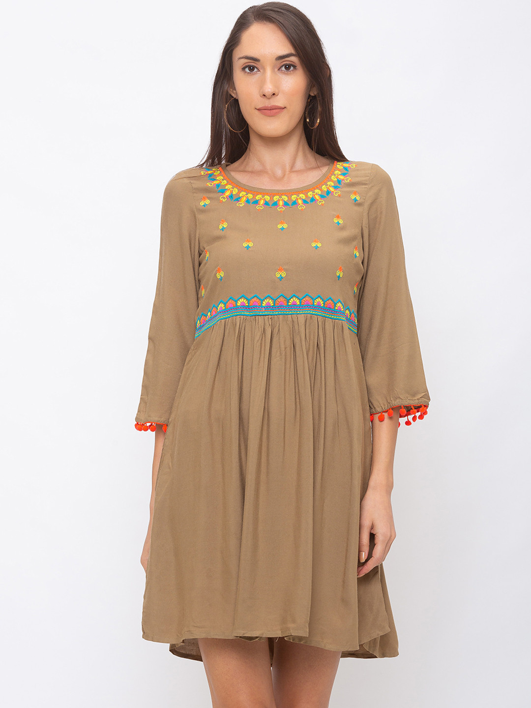 

Globus Women Beige Embroidered Fit and Flare Dress