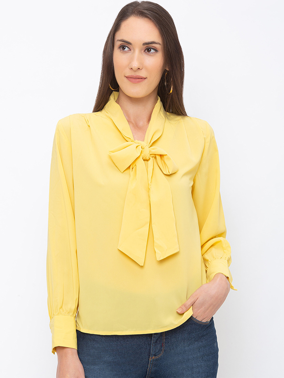 

Globus Women Yellow Solid Tie-Up Neck Top