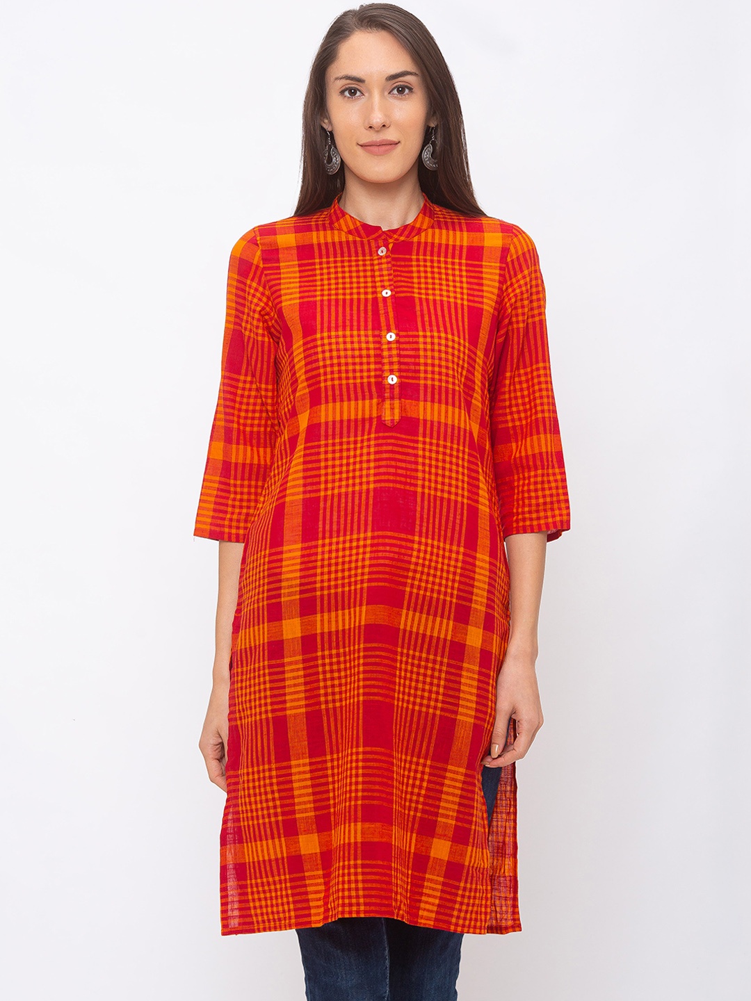 

Globus Women Red & Yellow Checked Straight Kurta
