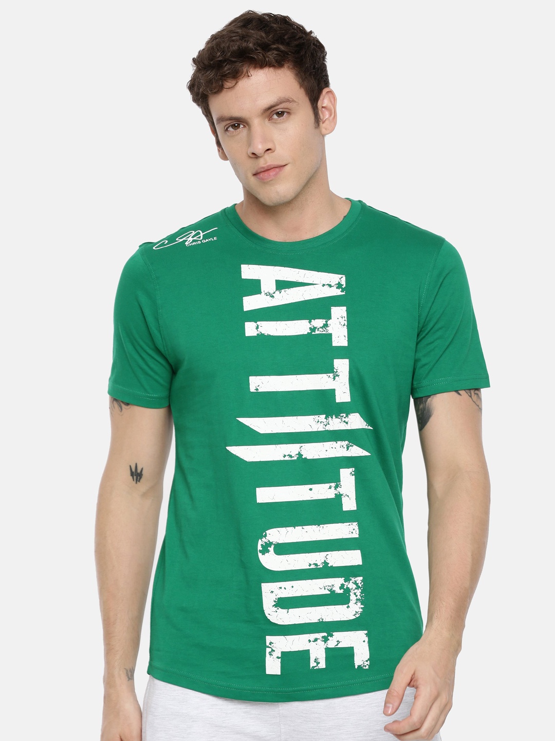 

ATTIITUDE Men Green Printed Round Neck Pure Cotton Slim Fit T-shirt