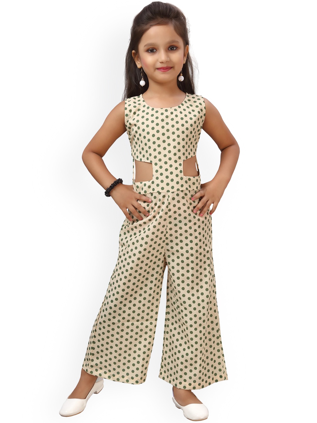 

ADIVA Girls Cream-Coloured & Green Polka Dots Printed Basic Jumpsuit