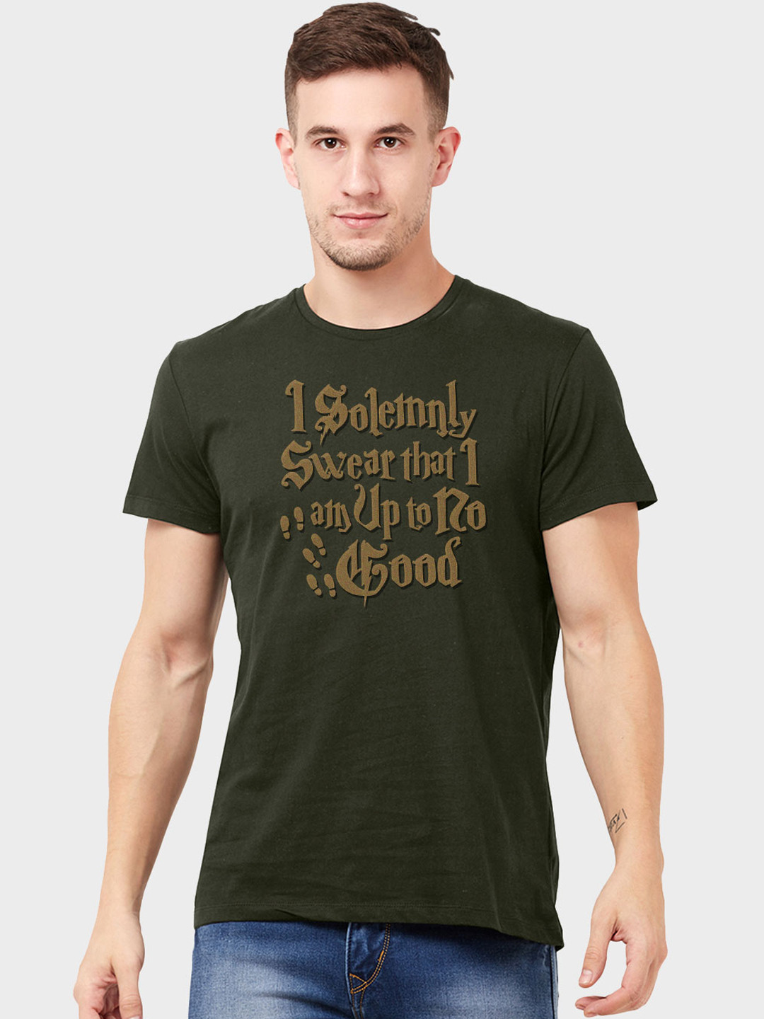 

Free Authority Men Olive Green Harry Potter Printed Round Neck Pure Cotton T-shirt