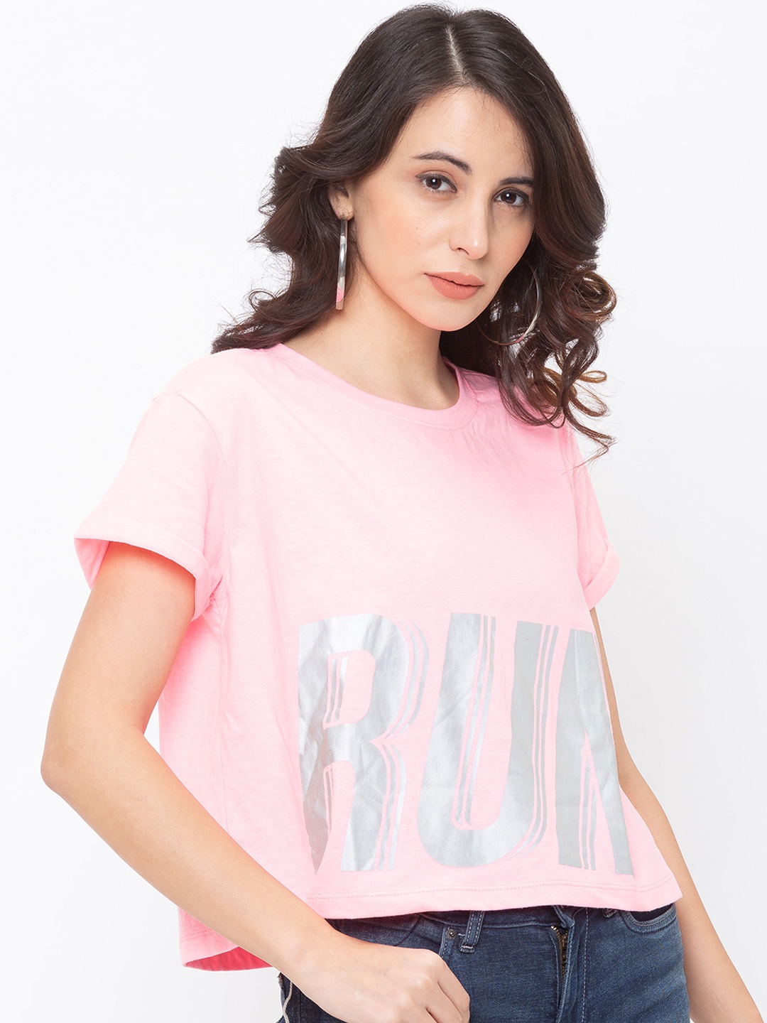 

Globus Women Pink & Silver Printed Crop T-shirt