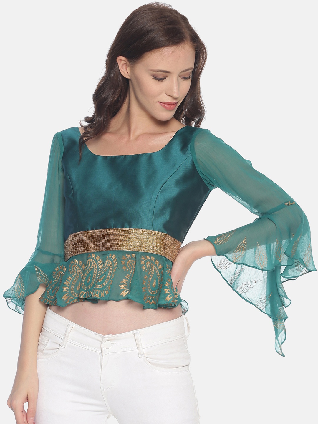 

Ira Soleil Women Green & Gold Ethnic Motif Print Bell Sleeves Peplum Top