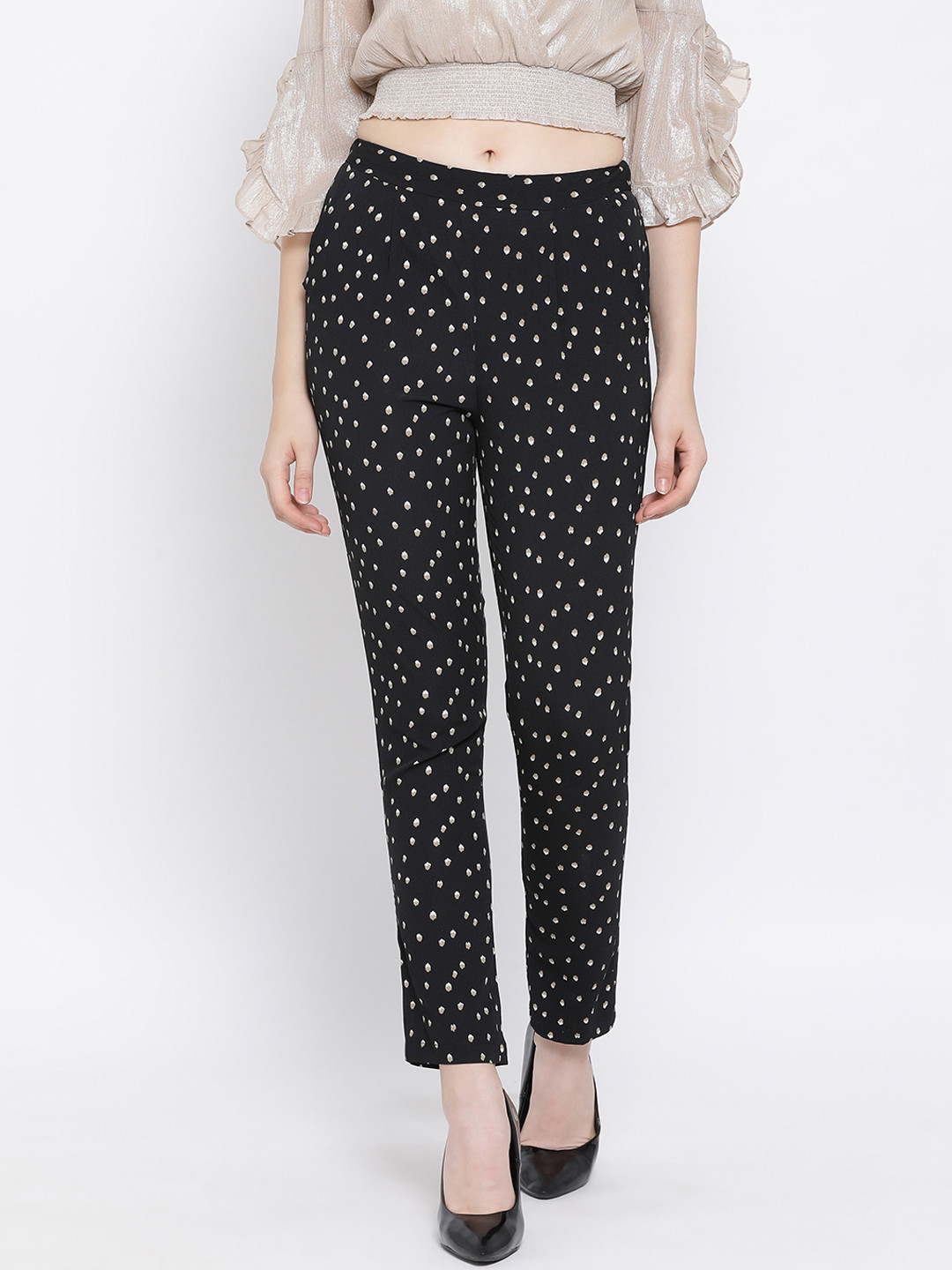 

Oxolloxo Women Black Regular Fit Printed Trousers