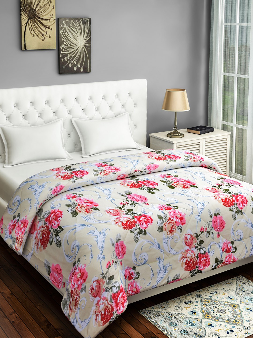 

SWAYAM Grey & Pink Floral AC Room 150 GSM Double Bed Comforter