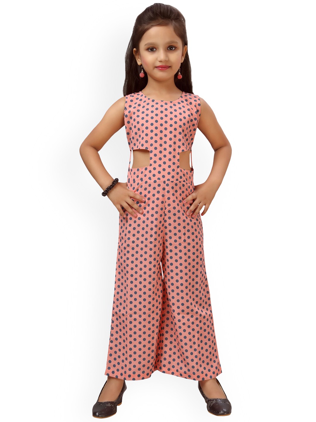 

ADIVA Girls Peach & Grey Polka Dots Print Cut Out Basic Jumpsuit