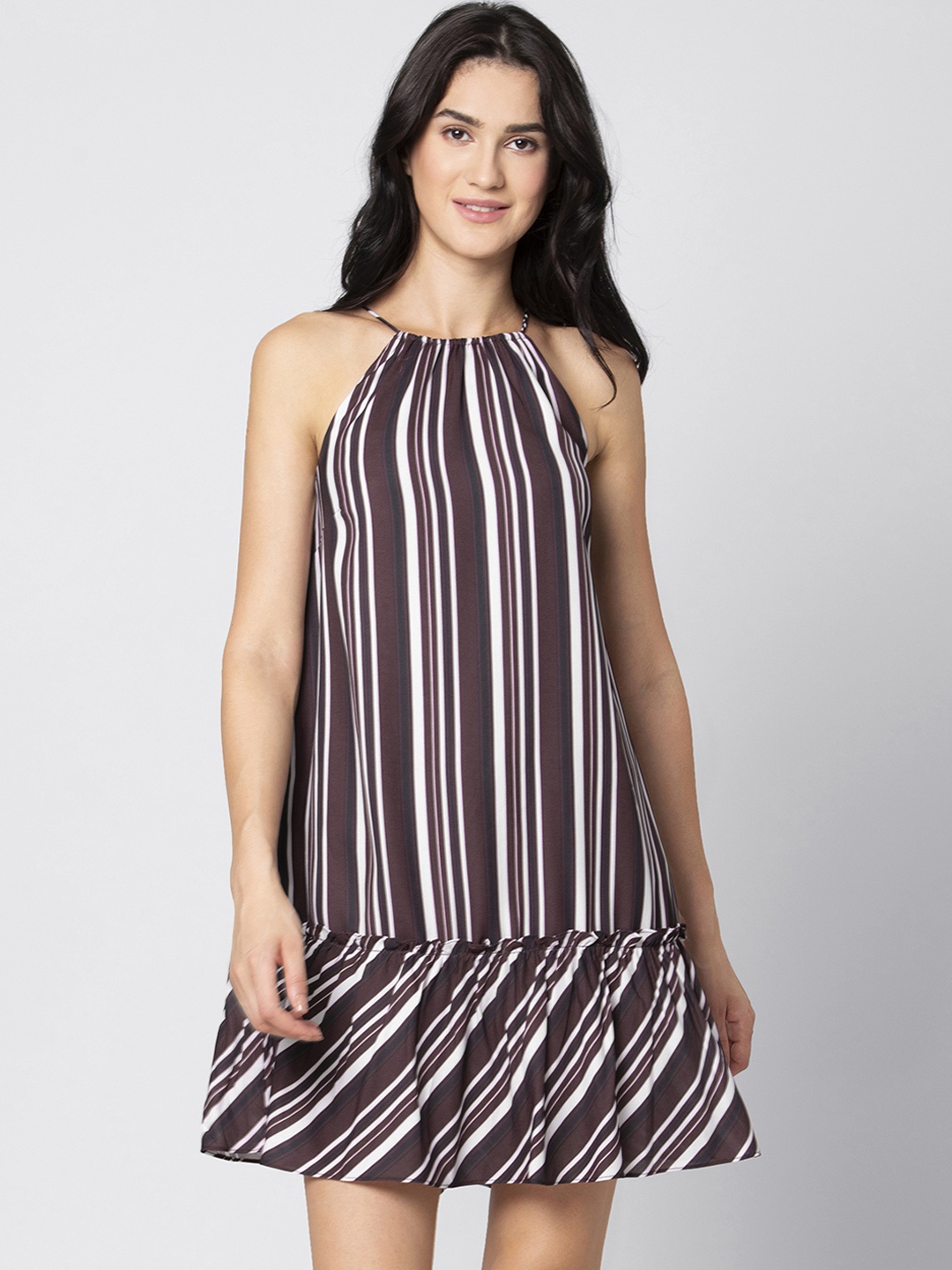 

FabAlley Women Maroon Striped Drop-Waist Dress