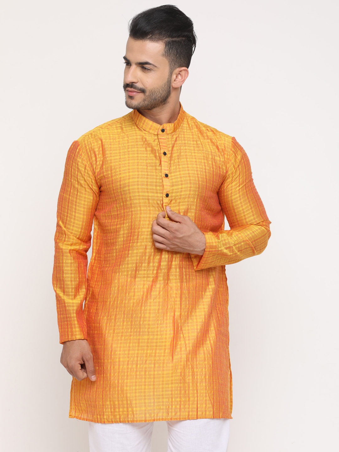 SHOWOFF Men Mustard Yellow Striped Straight Kurta