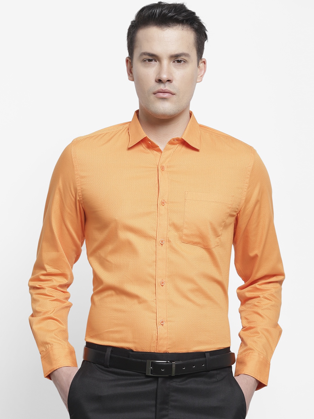 

cape canary Men Orange Regular Fit Self Design Formal Shirt