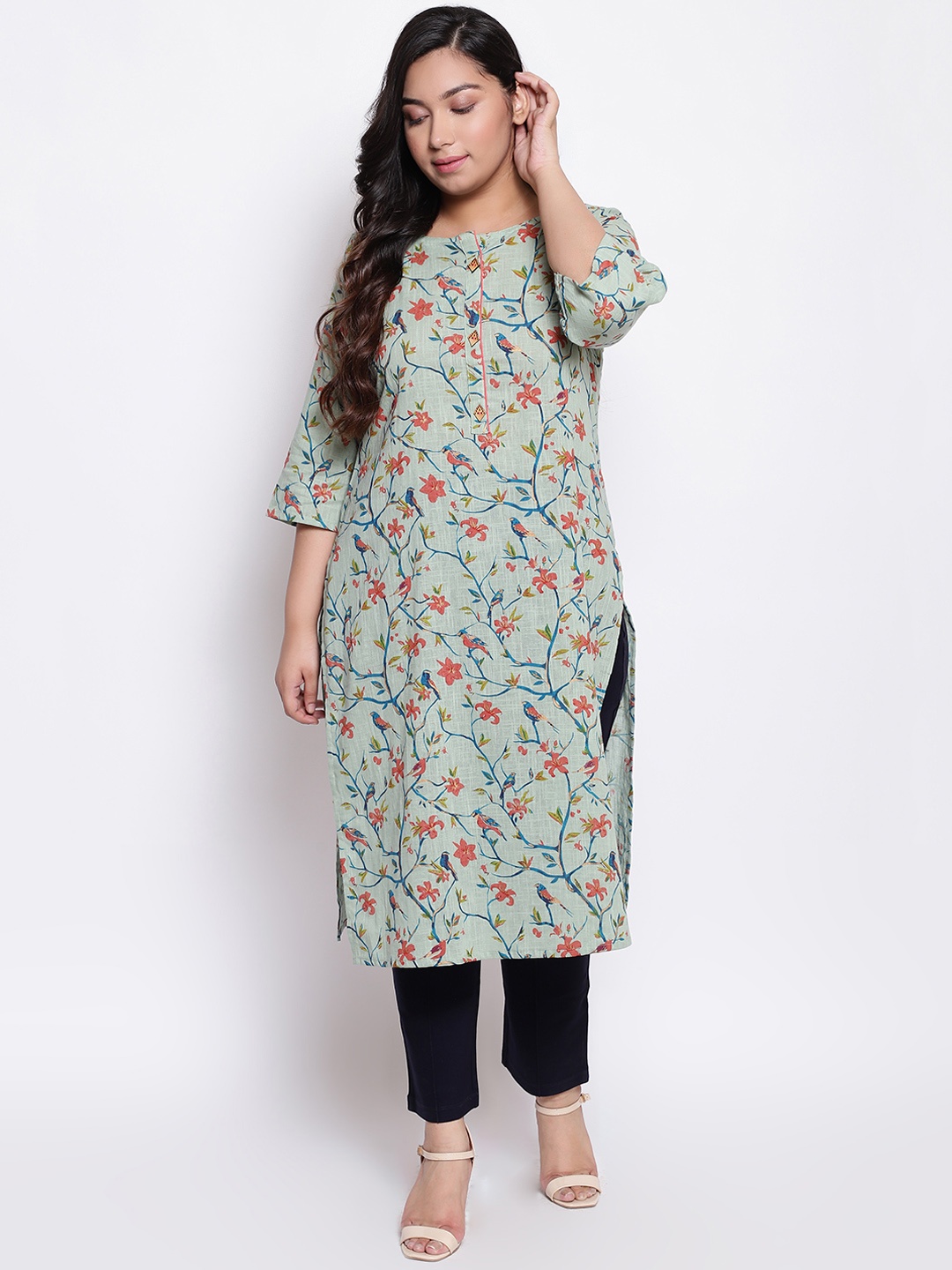 

Amydus Women Plus Size Green & Red Floral Printed Straight Kurta