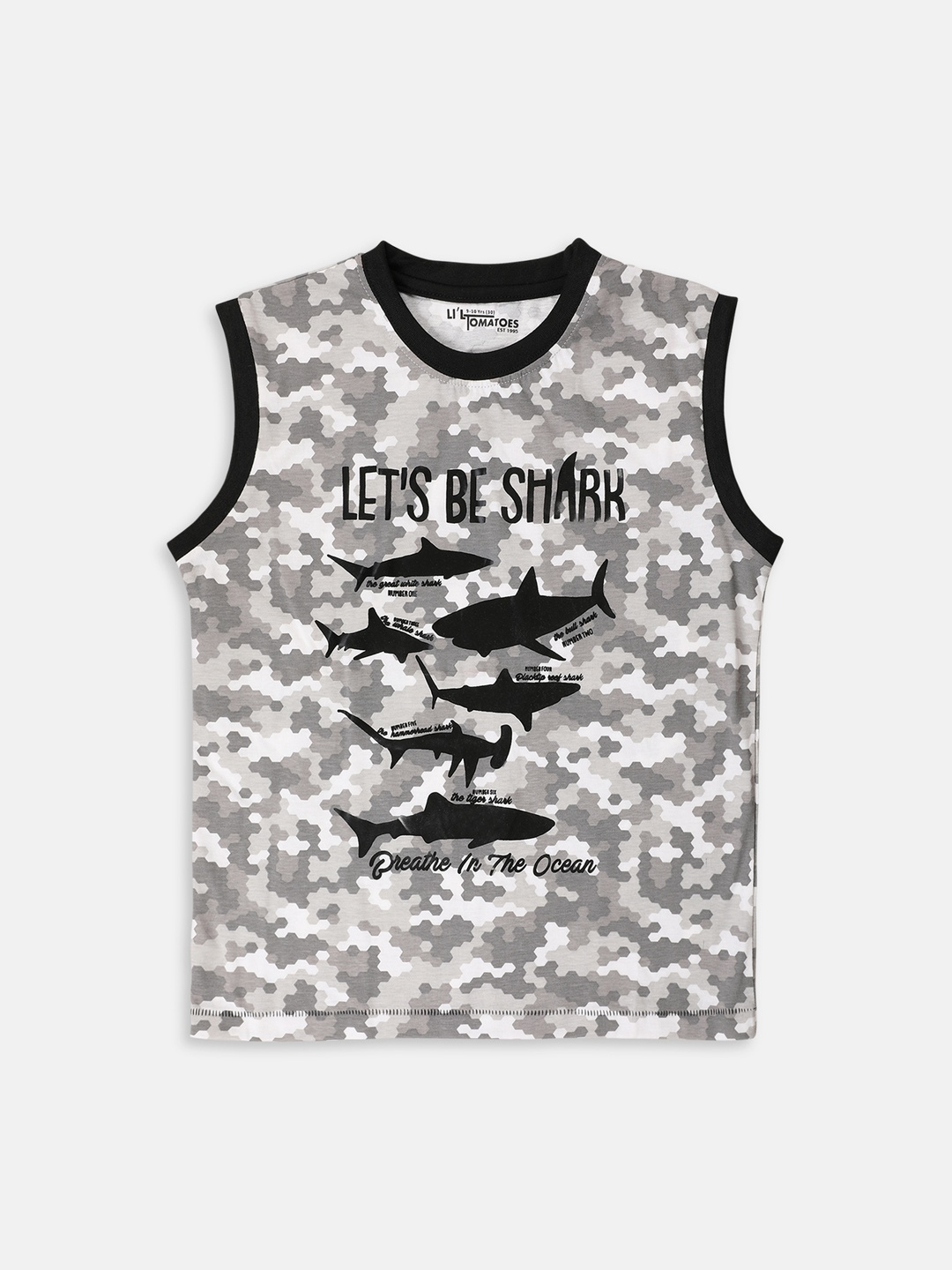

Lil Tomatoes Boys Grey White Camouflage Printed Round Neck Pure Cotton T-shirt