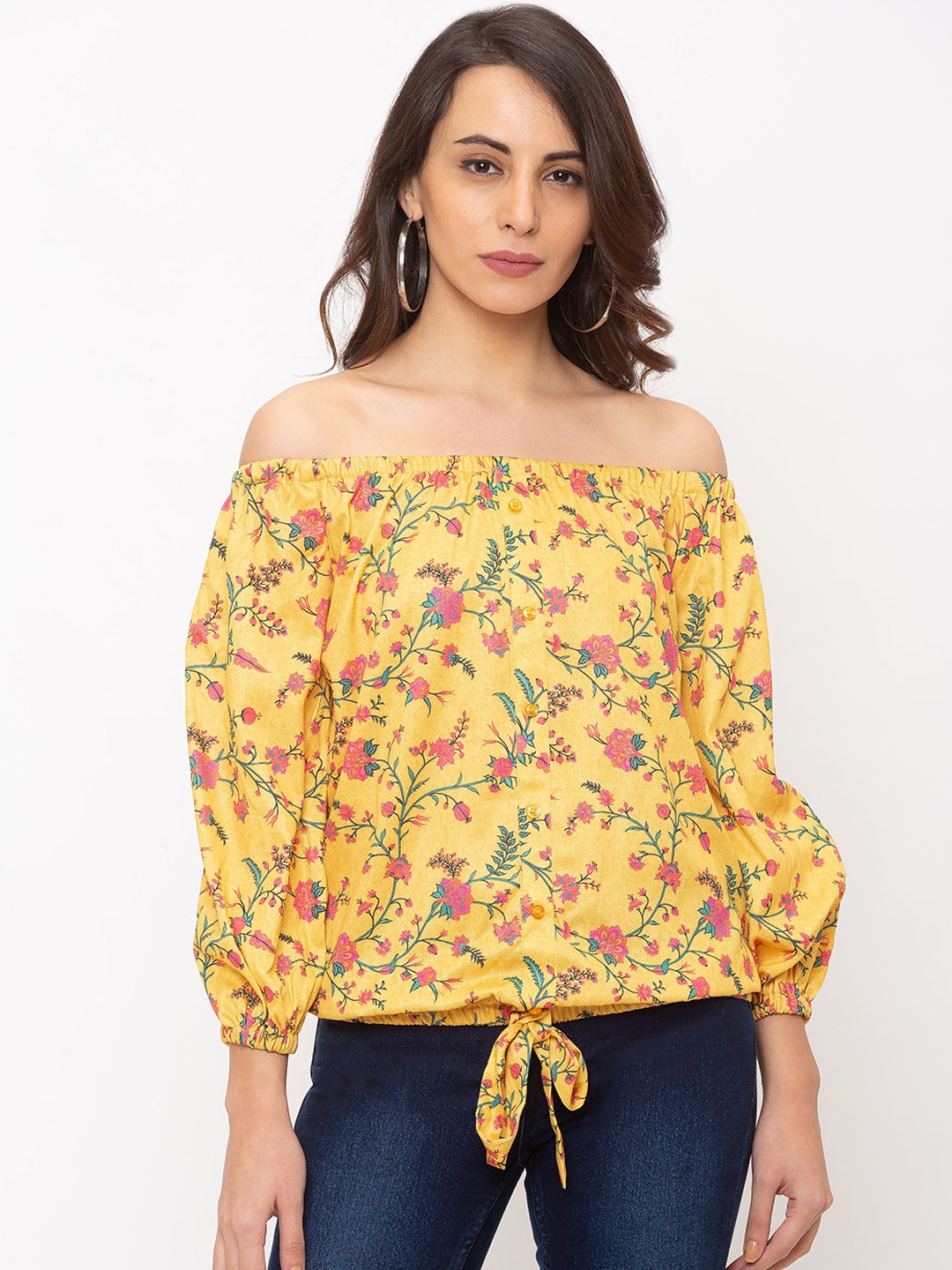 

Globus Women Yellow Floral Printed Bardot Top
