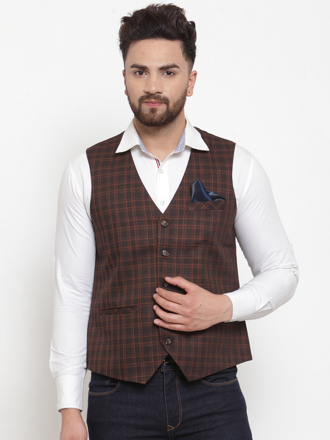 

NEUDIS Men Black & Red Checked Waistcoat