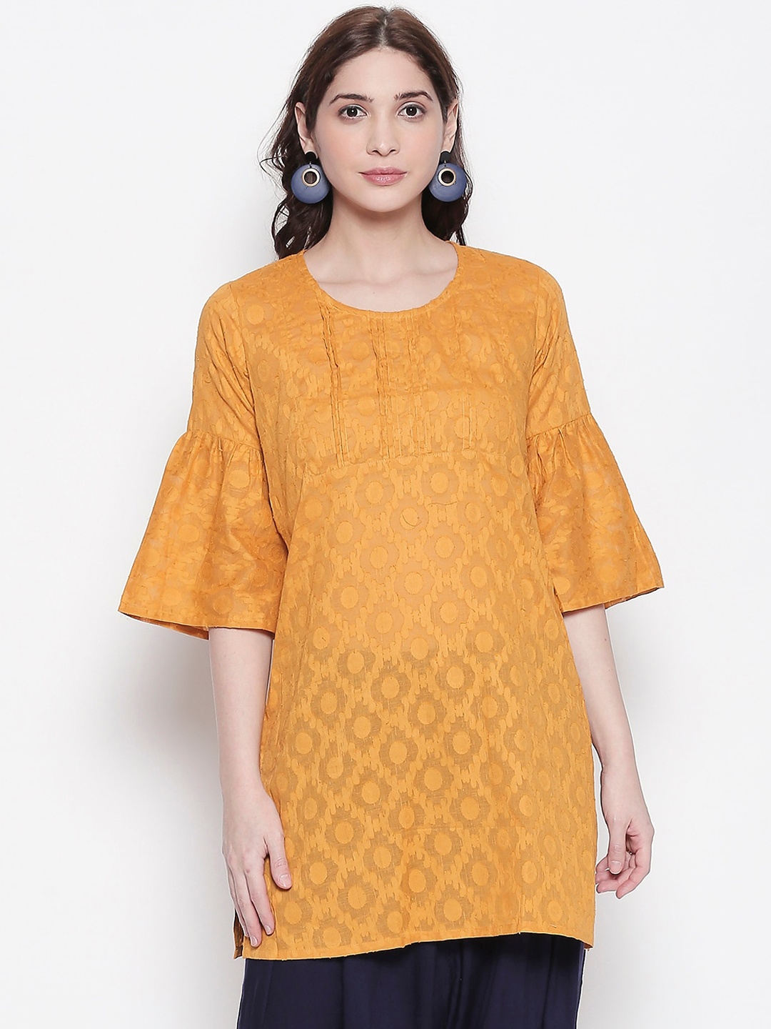 

Desi Weavess Women Mustard Yellow Woven Design Pure Cotton Straight Kurti