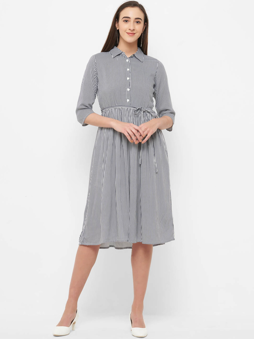 

109F Women White & Black Striped Shirt Dress