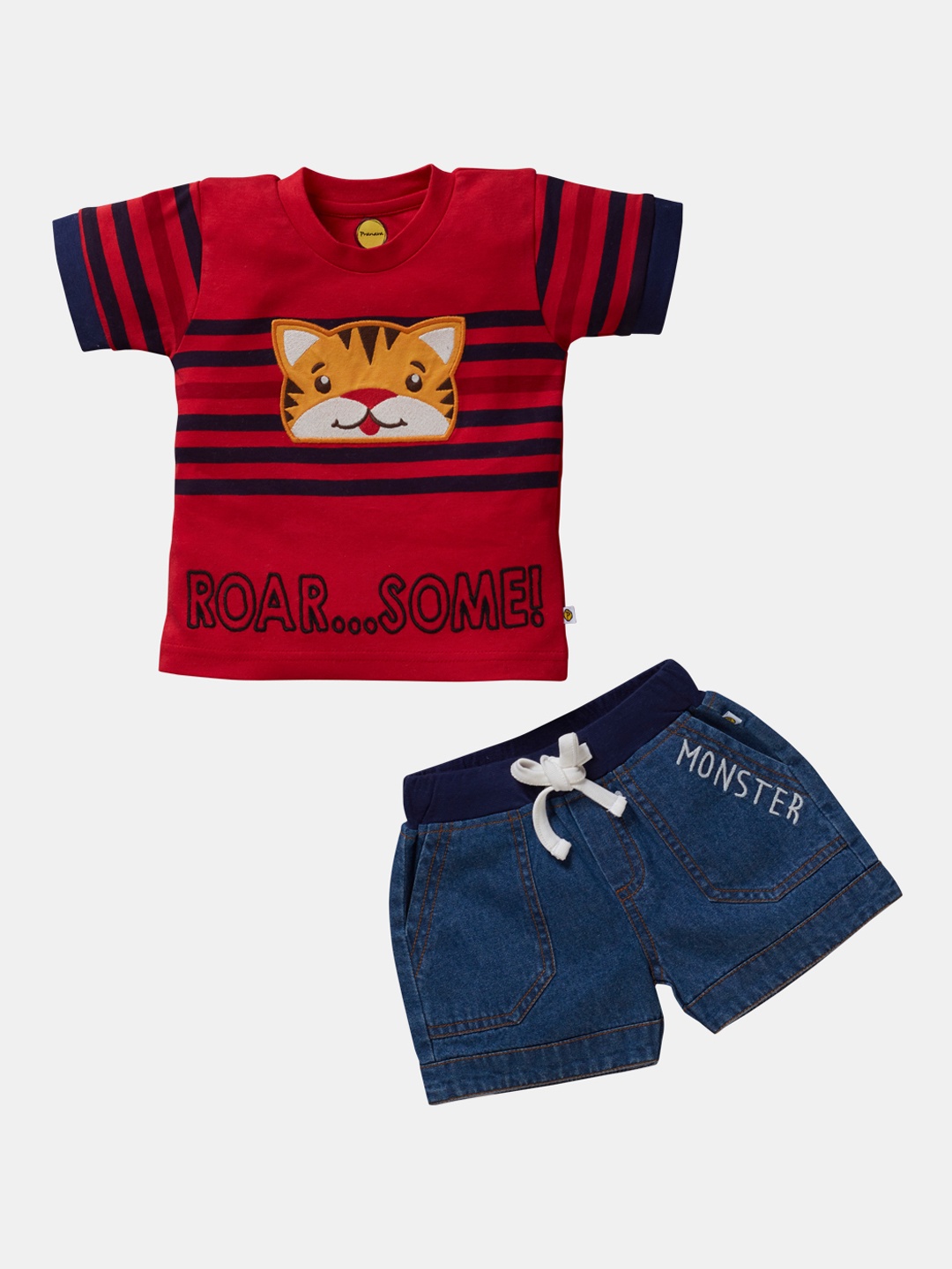 

Pranava Boys Red & Navy Blue Printed Organic Cotton T-shirt with Shorts
