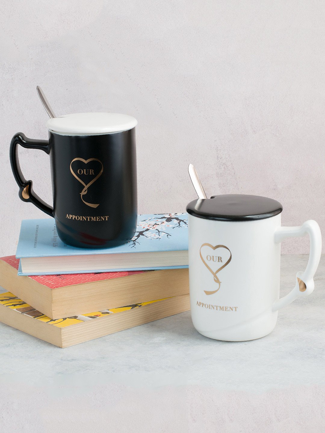 

Art Street Black & White Set Of 2 Our Appointment Printed Ceramic Coffee Mugs
