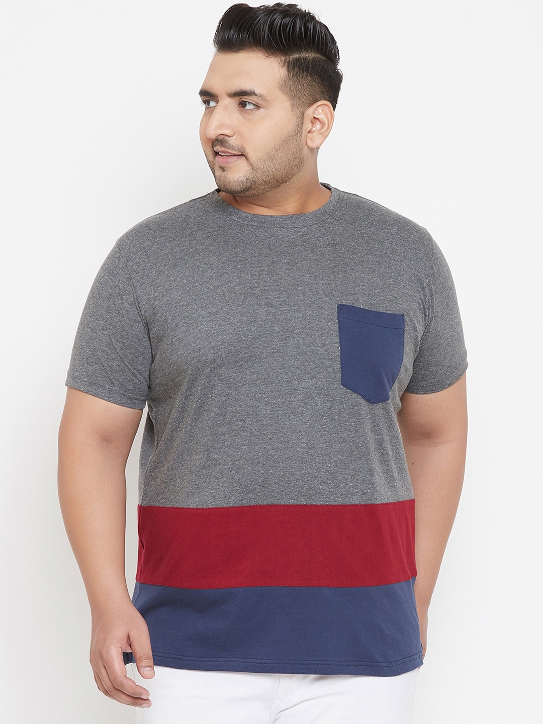 

bigbanana Plus Size Men Grey Maroon Colourblocked Round Neck Pure Cotton T-shirt