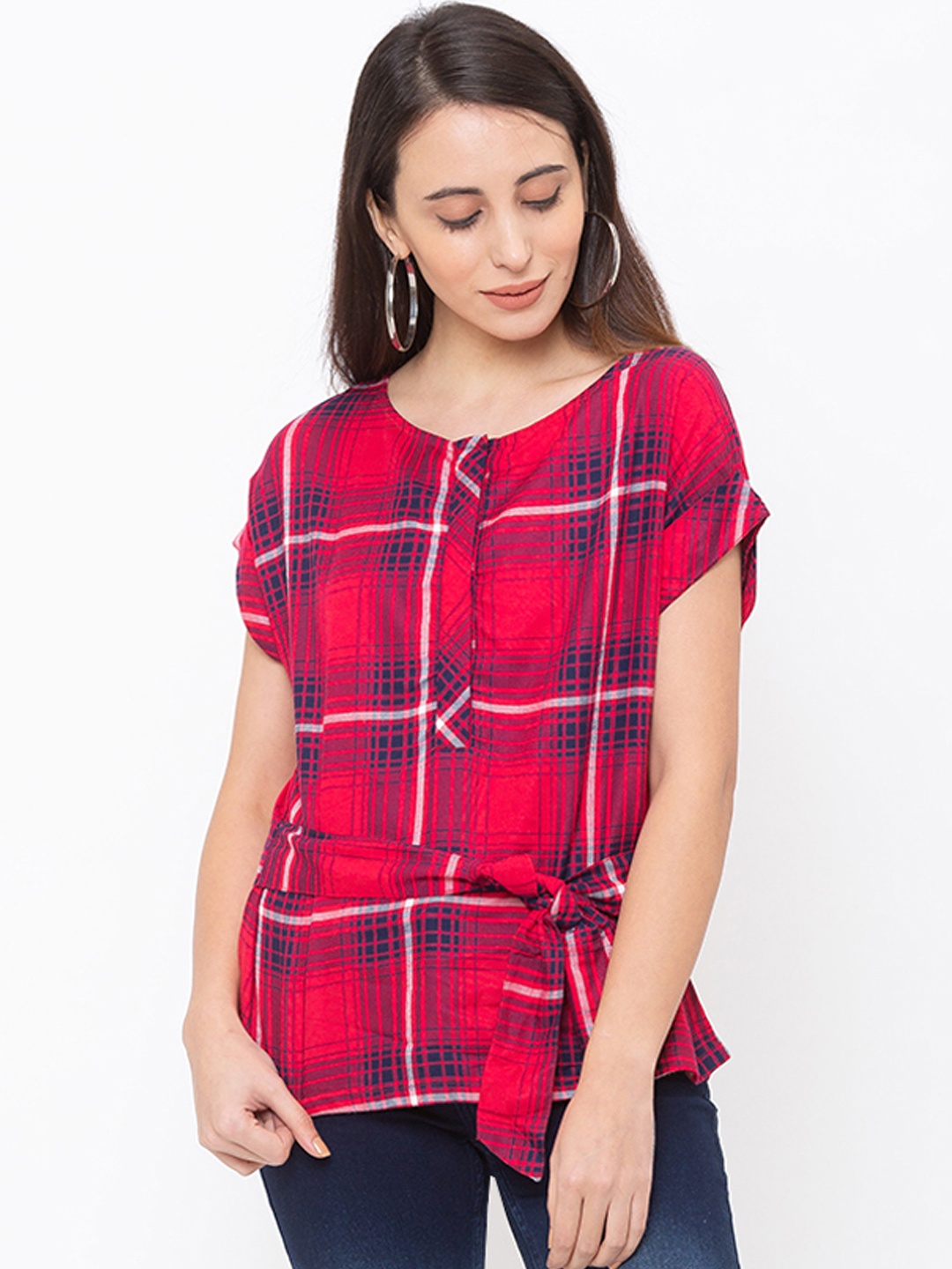

Globus Women Red & Navy Blue Checked Pure Cotton Top