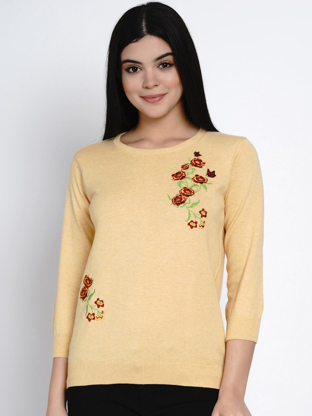 

ARMISTO Women Yellow Floral Embroidered Pullover Sweater