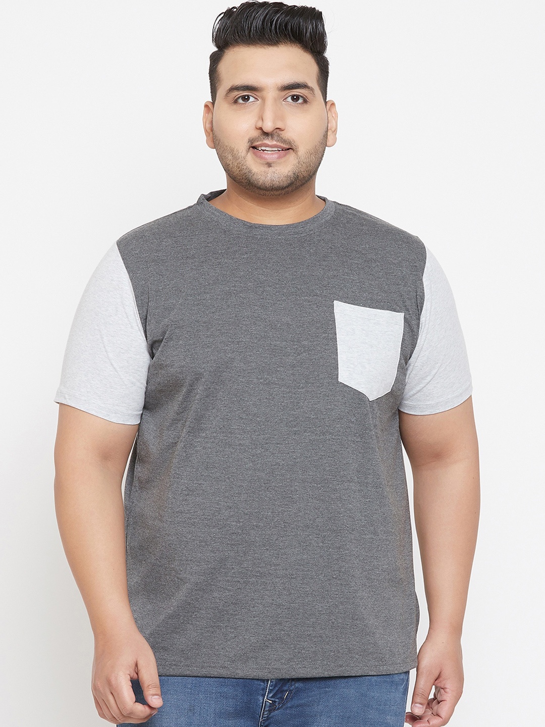 bigbanana Plus Size Men Grey Colourblocked Round Neck Pure Cotton T-shirt