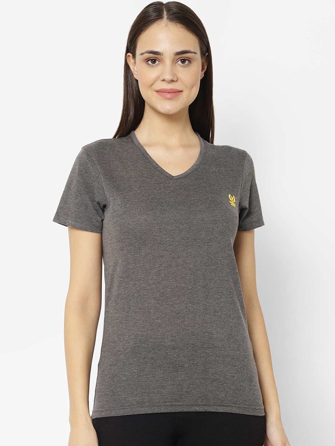 

MACK JONNEY Women Grey Solid V-Neck T-shirt