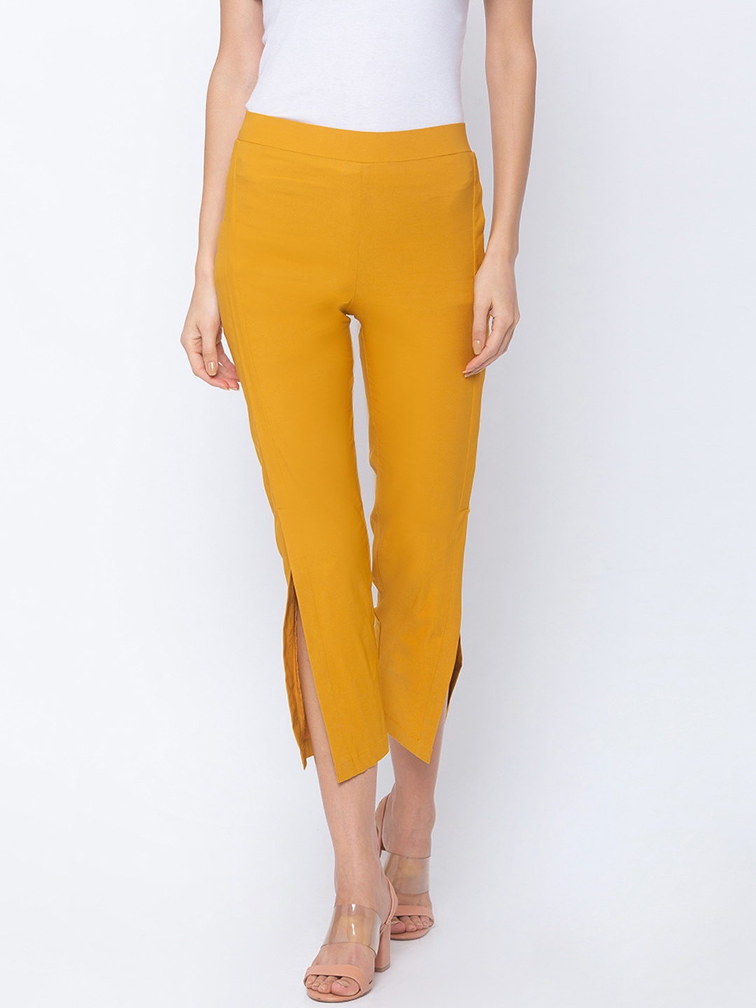 

Globus Women Mustard Yellow Slim Fit Solid Side Cut Regular Trousers