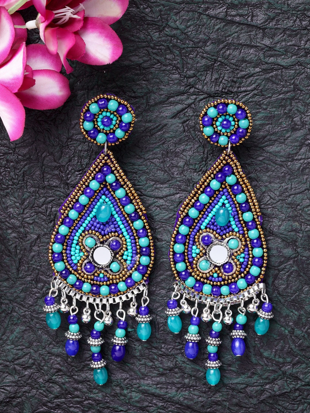 

Moedbuille Blue & Silver-Toned Teardrop Handcrafted Mirror Work Afghan Drop Earrings