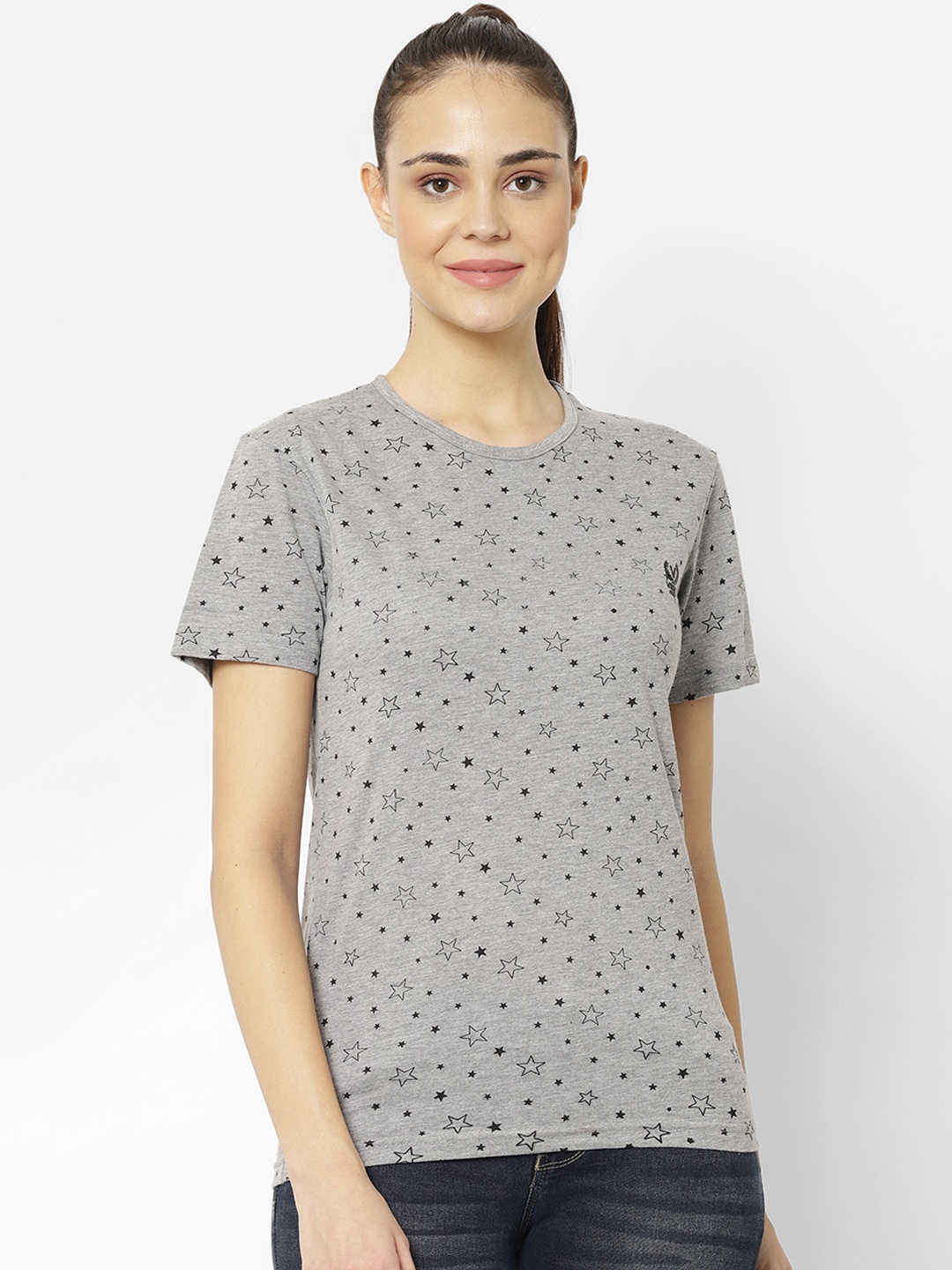 

MACK JONNEY Women Grey Melange & Black Printed Round Neck T-shirt