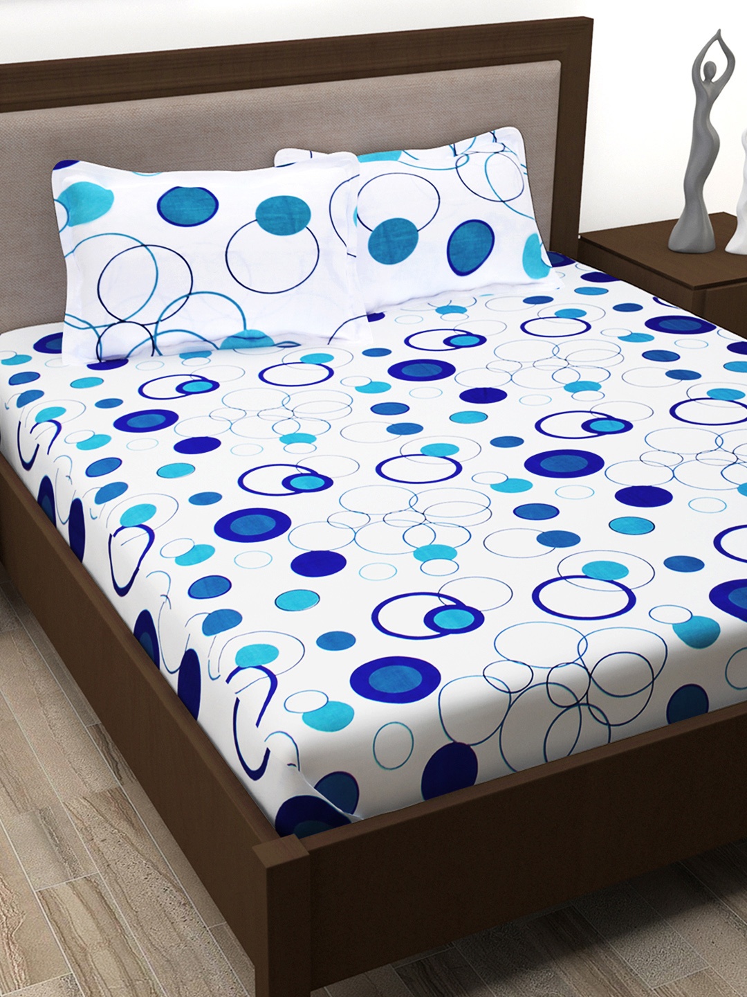Story@home White & Blue Geometric 186 TC King Bedsheet with 2 Pillow Covers