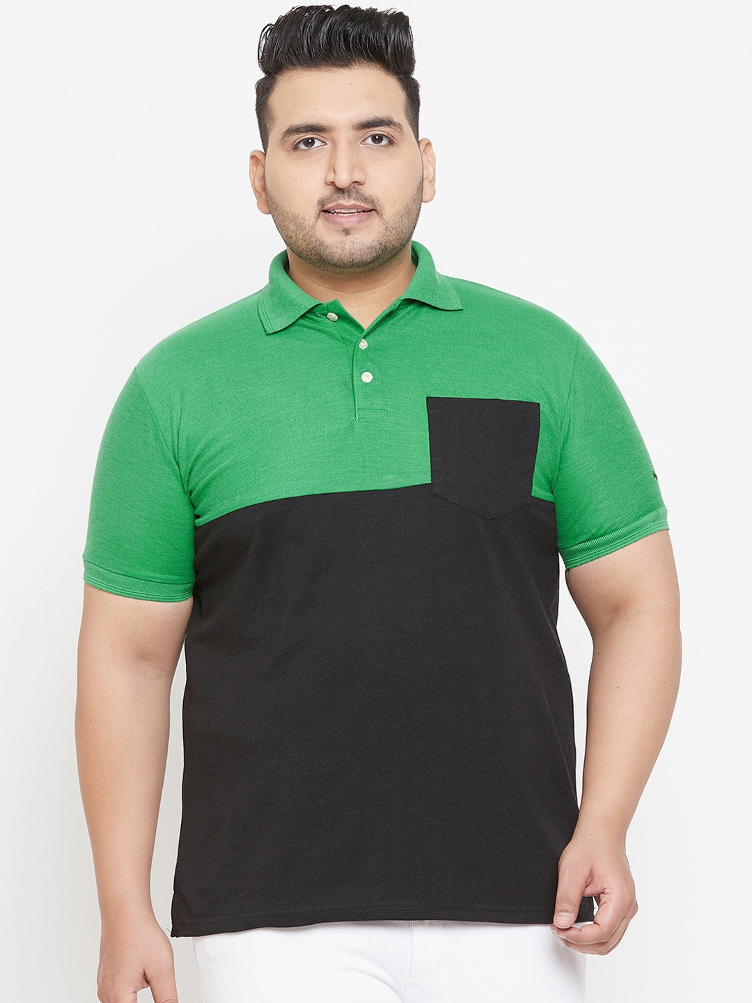 

bigbanana Plus Size Men Green Black Colourblocked Bio-Finish Polo Collar T-shirt