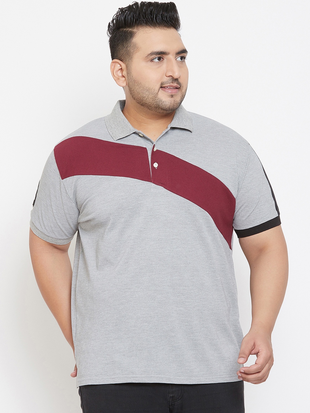 

bigbanana Plus Size Men Grey Maroon Colourblocked Polo Collar T-shirt