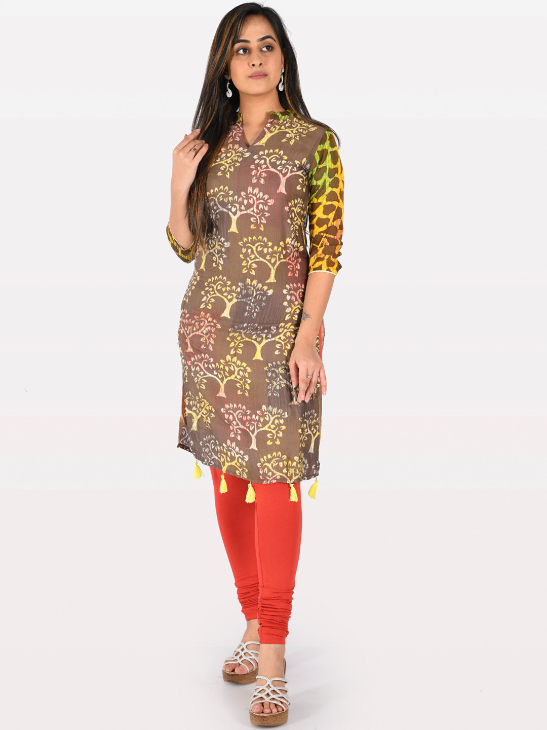 

Neerus Women Olive Brown & Yellow Floral Print Straight Kurta