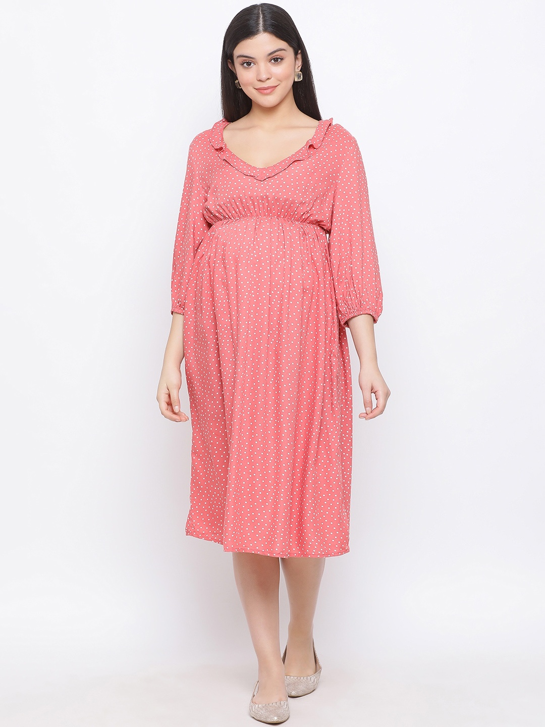 

Oxolloxo Women Orange Printed Maternity Empire Dress