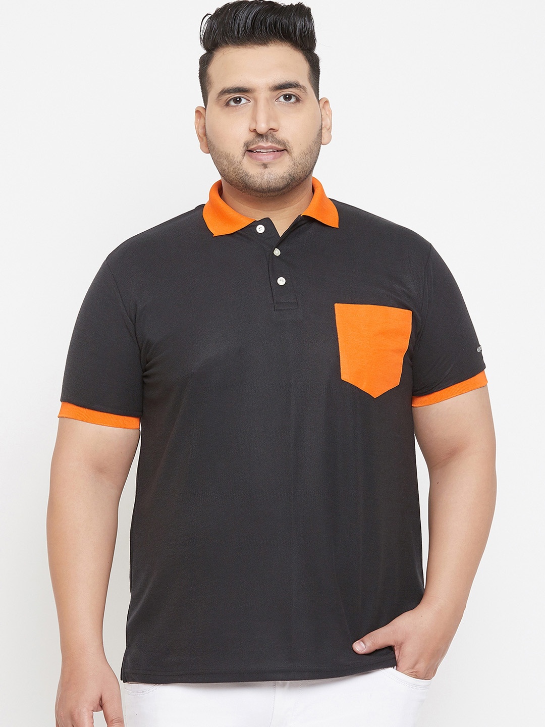

bigbanana Plus Size Men Black Orange Solid Polo Collar T-shirt