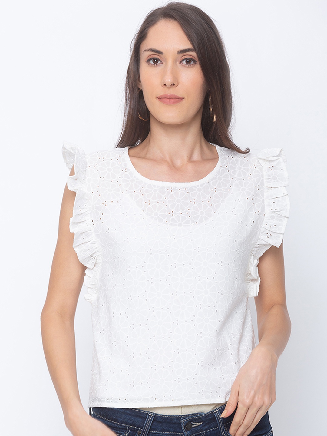Globus Women White Self Design Schiffli Boxy Pure Cotton Top