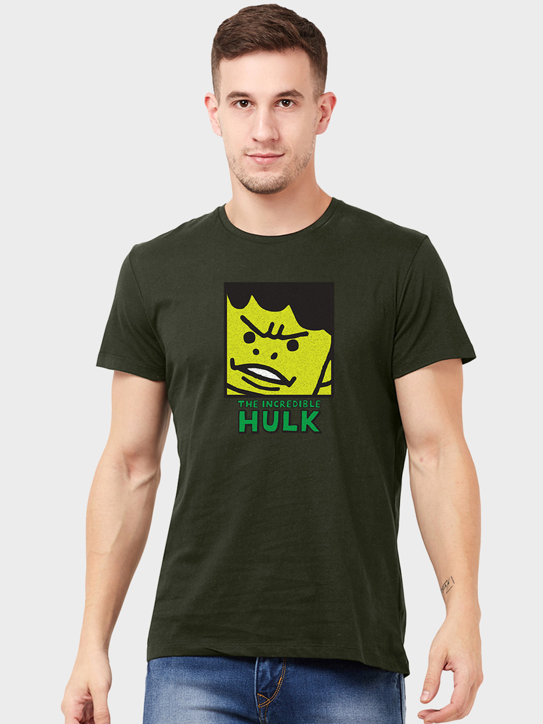 

Free Authority Men Olive Green Hulk Printed Round Neck Pure Cotton T-shirt