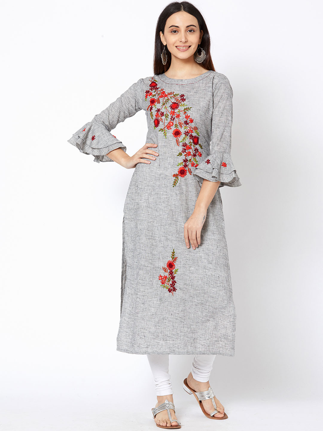 

FASHOR Women Grey Embroidered Straight Kurta